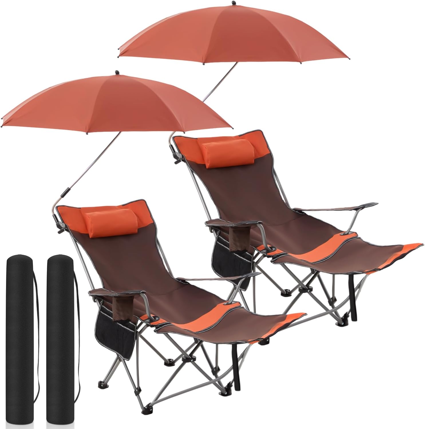 2 Set Reclining Camping Chair with Umbrella for Adult Folding Camping Chair with Foot Rest Adjustable Clamp Canopy Shade, SPF 50+, Lounger for Outdoor Spring Summer Travel(Orange,Oxford)