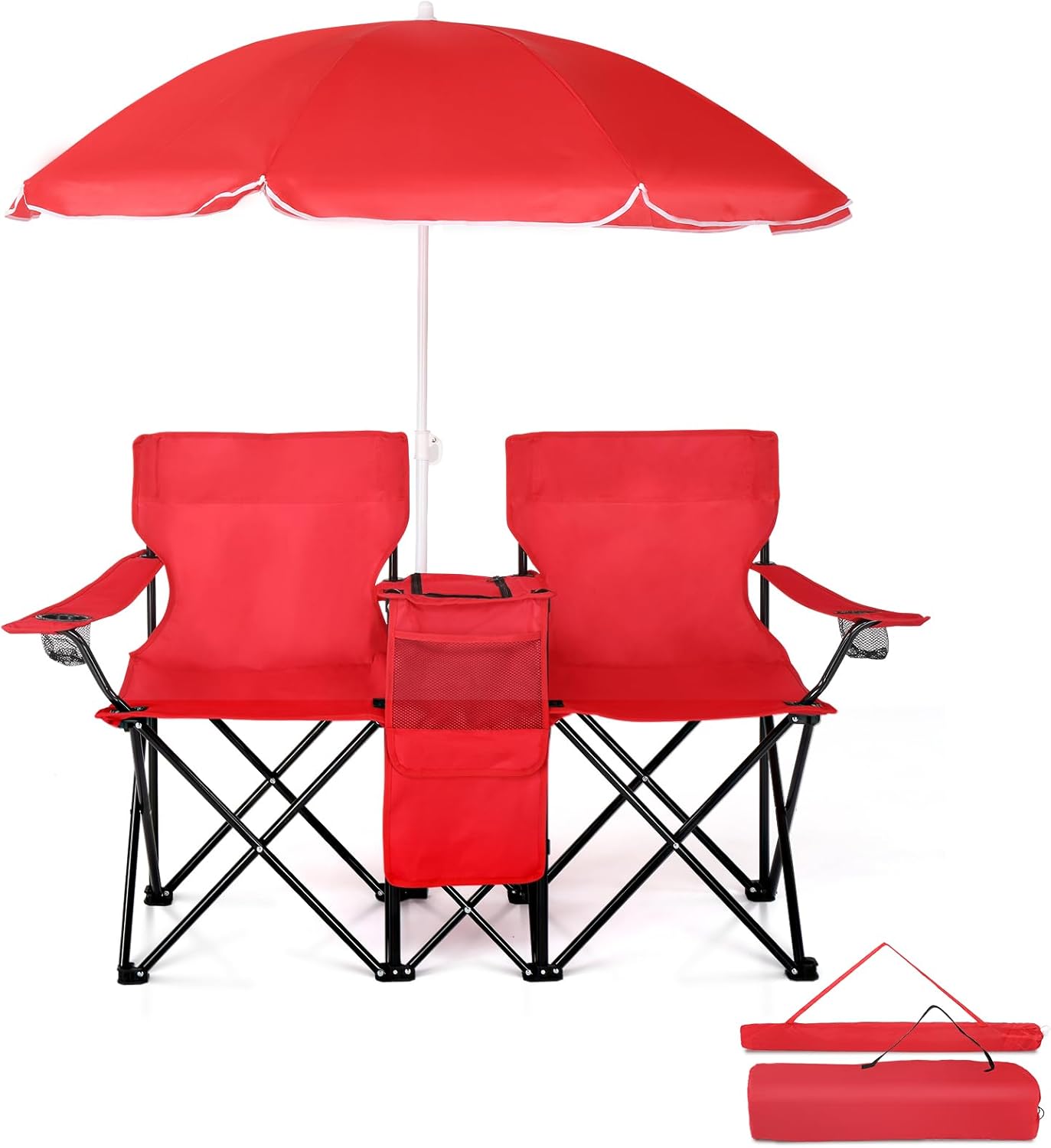 2-Seat Folding Camping Chair,Comfort Lawn Chairs with Removable Sun Umbrella,Portable Outdoor Chairs for Sporting Events,Music Festivals,Camping,Fishing (Red)