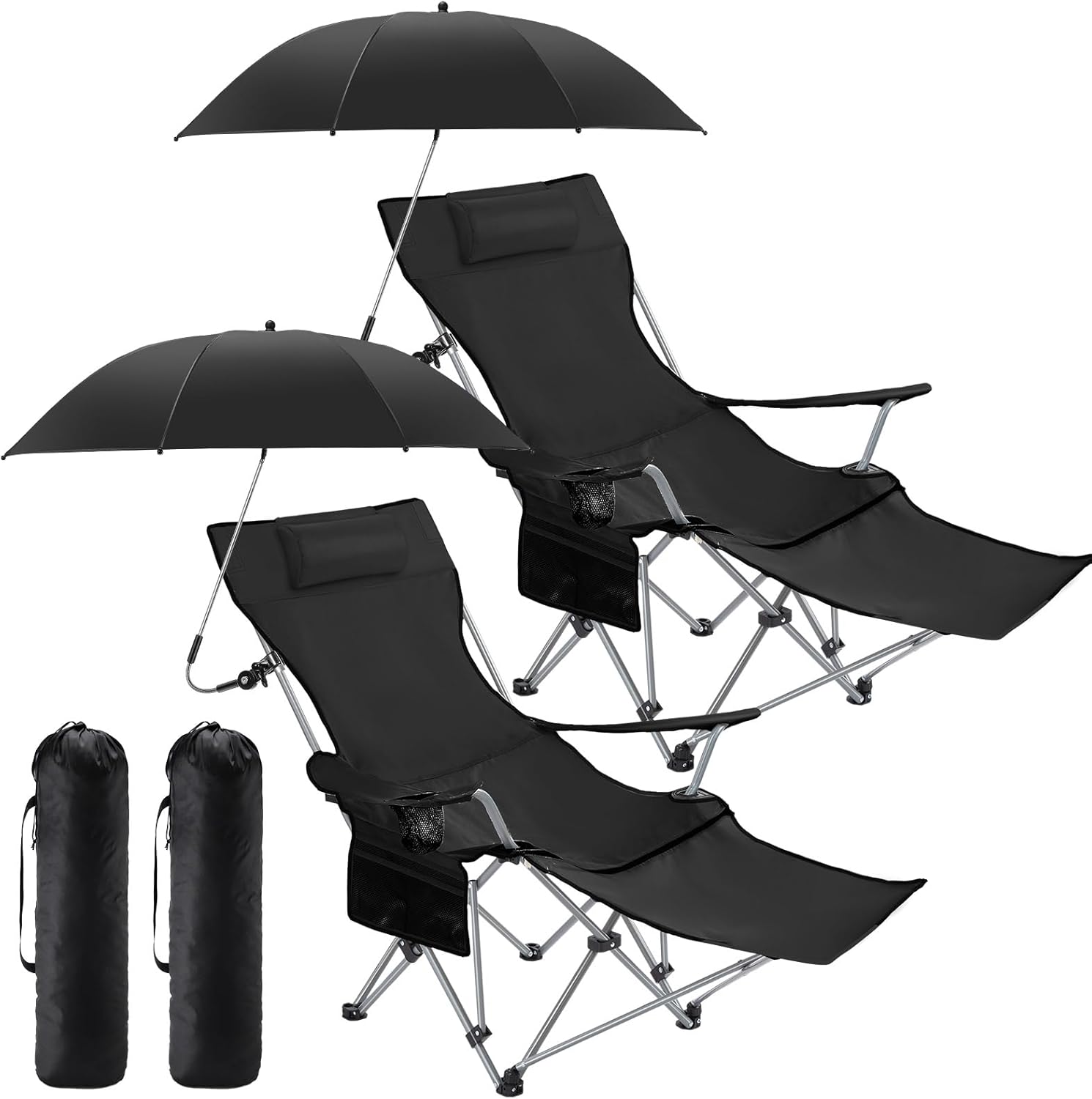 2 Set Reclining Camping Chair with Umbrella for Adult Folding Camping Chair with Foot Rest Adjustable Clamp Canopy Shade, SPF 50+, Lounger for Outdoor Spring Summer Travel(Black,Cute)
