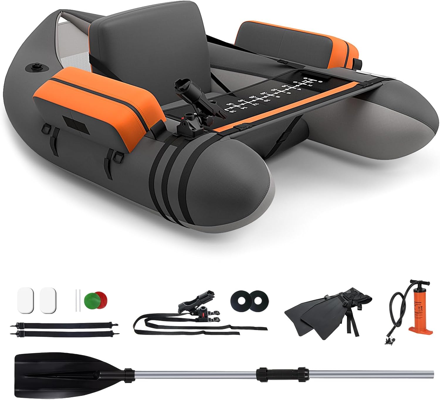 Fishing Float Tube, 350lbs Inflatable Fishing Boat with Paddle, Pump, Flippers, Fish Hook Stators, Fish Ruler, Storage Pockets, Portable Backpack Belly Boat for Adults Fishing