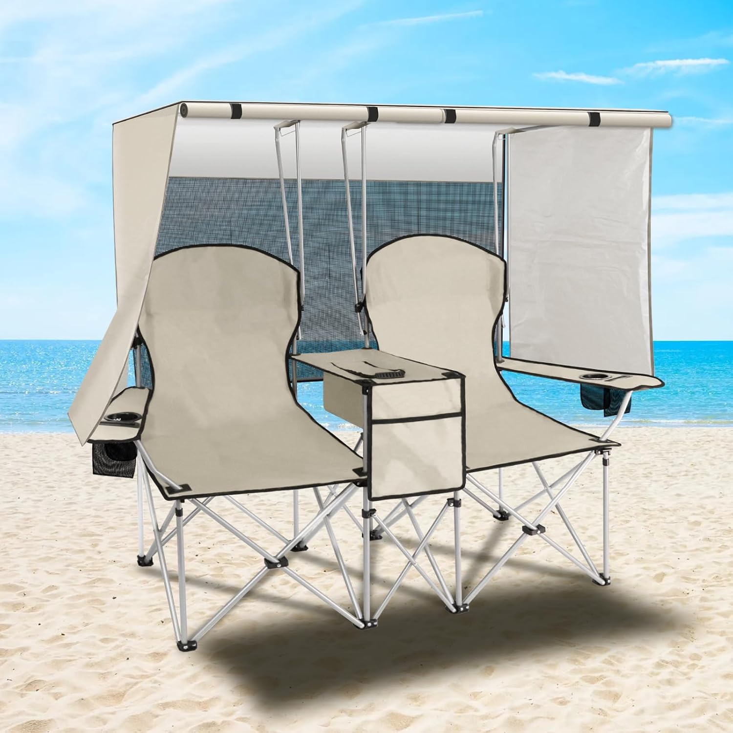Portable Double Camping Chair with Canopy Shade,Heavy Duty Beach Chairs for Adults,Folding Beach Chair with Cooler Bag for Sports Backyard Fishing Outside(White)