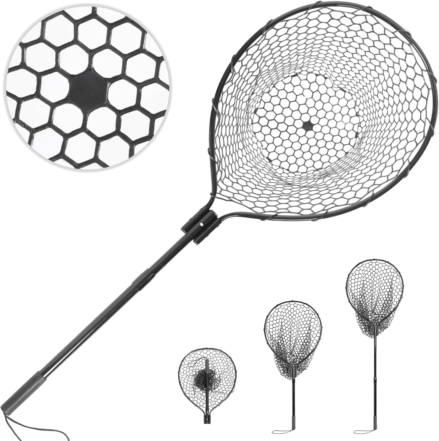 High Strength Large Landing Net - Telescoping Fishing Net with 2 Section Long Handle and Soft Rubber Net, Kayak/Fly Fishing Net - Overall Length: 60″, Hoop Size 23″ x 18″, Depth 19.5″