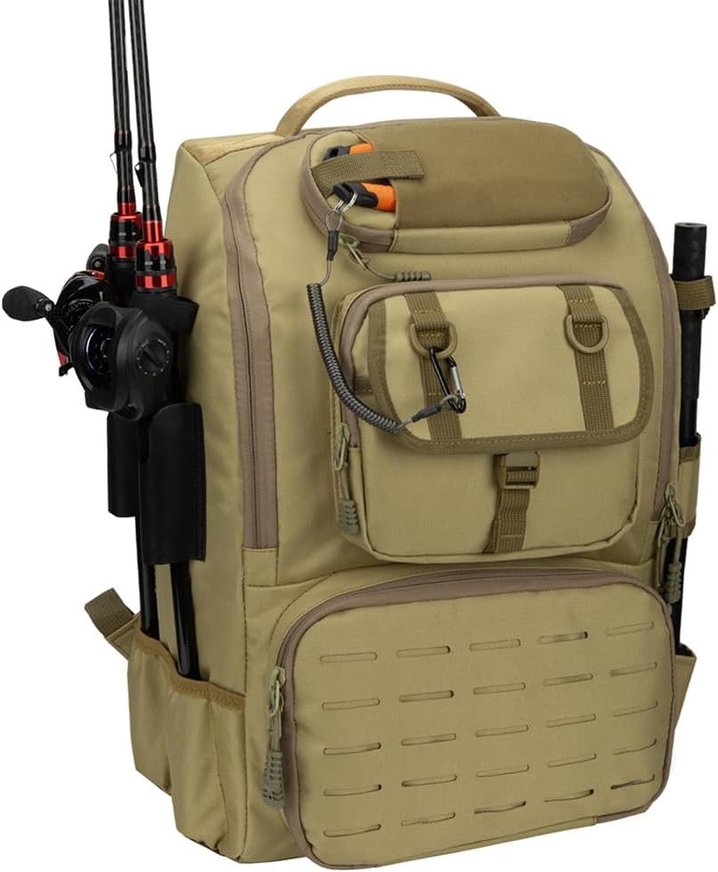 Fishing Tackle Backpack with Cooler & Rod Holders, 40L Fishing Bag Store Fishing Gear for Fishing, Camping, Hiking