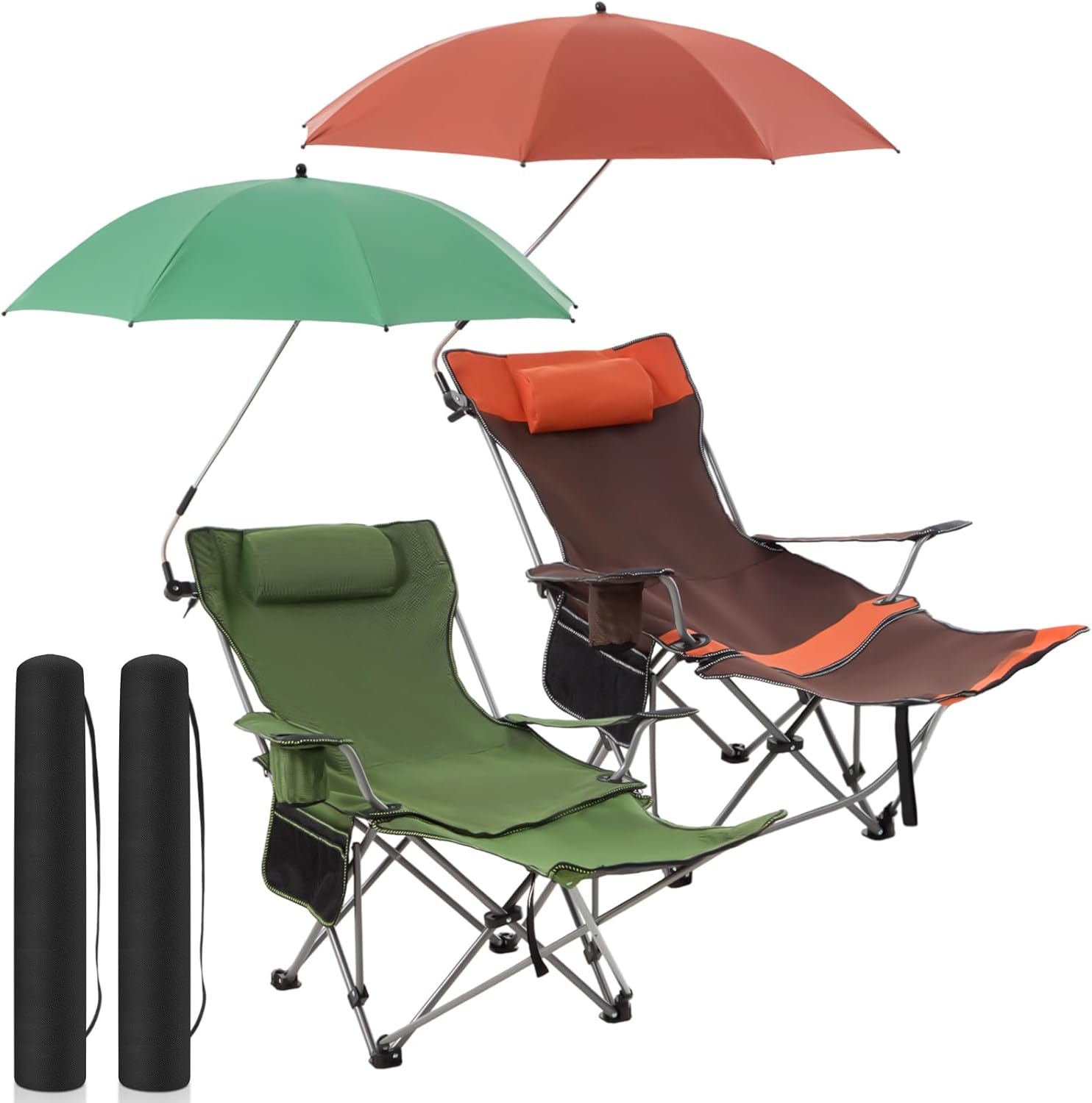 2 Set Reclining Camping Chair with Umbrella Clamp, Adjustable Beach Chair with Foot Rest, SPF 50+, Folding Shade Camping Lounger Recliner for Adult Outdoor(Orange,Green,Oxford)