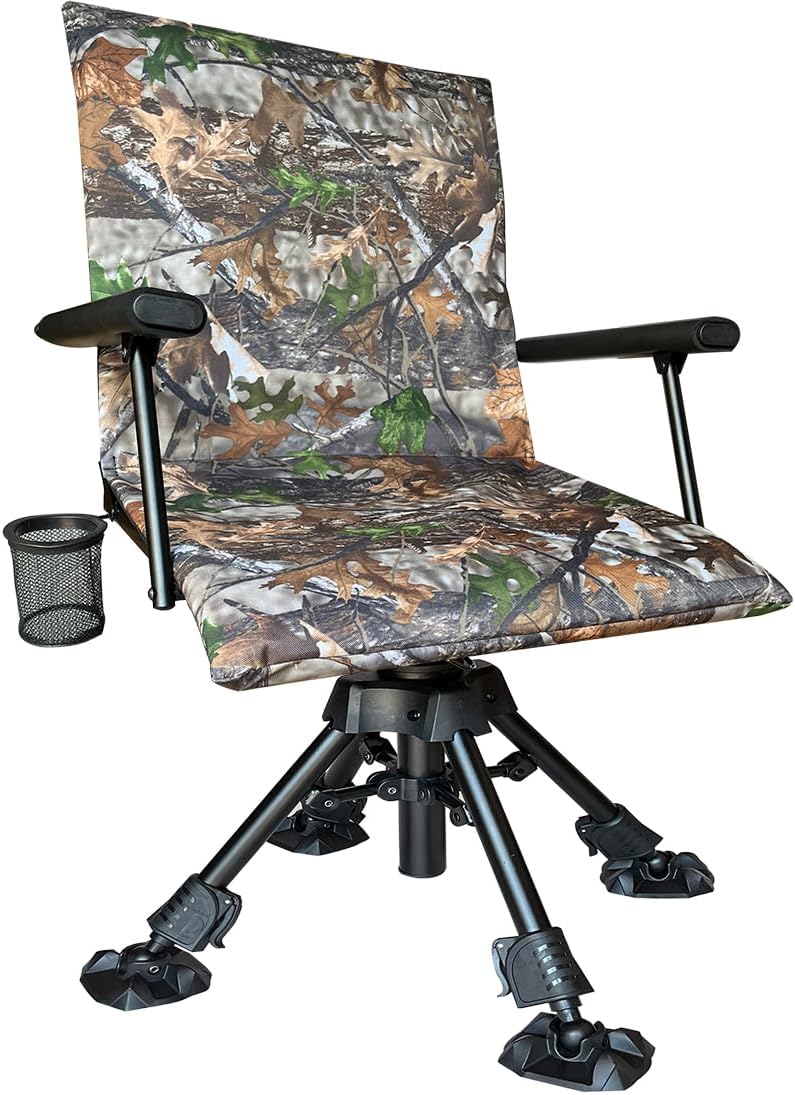 Silent Swivel Stable Portable Ground Folding Outdoor Camping Fishing Hunting Blind Chair Seat with Cover, 4 Legs Adjustable Height