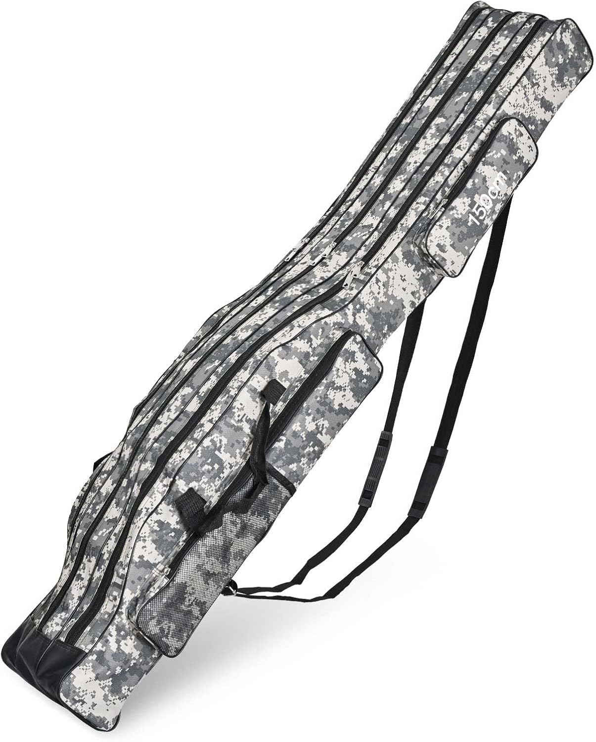 Rod Bag 150 cm 3-Layer Fishing Bag Portable Fishing Rod Case Waterproof Rod Case Fishing Case with Carry Strap for Fishing Rods, Landing Nets, Rod Holder and Fishing Rod Tools, Camouflage, Rod
