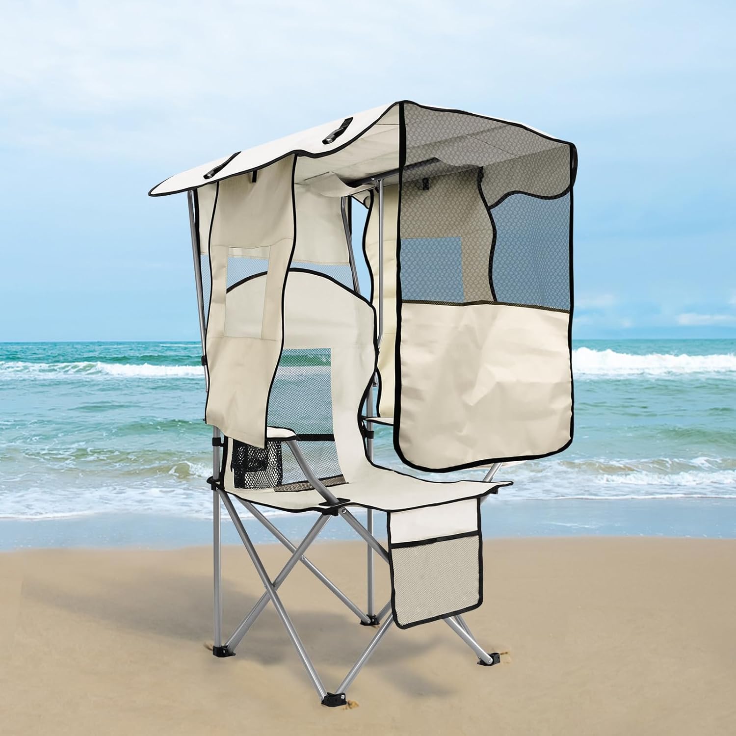 Camping Chair with Adjustable Shade Canopy, Portable Folding Chair for Adults, Heavy Duty Outdoor Sports, Beach, Camping, Fishing - Phone & Cup Holder, Cooler Bag, Supports 330LBS