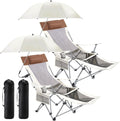 2 Set Reclining Camping Chair with Umbrella, Camping Chair with Foot Rest, Adjustable Chair Umbrella with Clamp, SPF 50+, Folding Mesh Camping Lounger Chair for Outdoor(White)