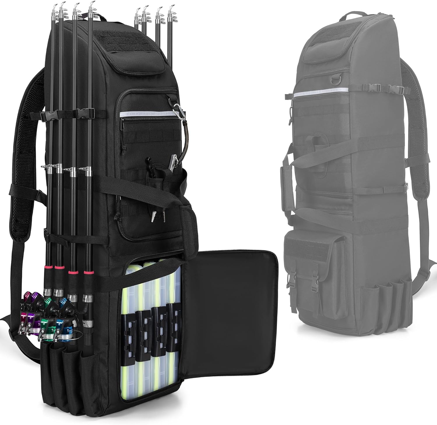 Fishing Backpack Holds 8 Rods & Reels, Fishing Tackle Bag with Compartment for Tackle Boxes, Fishing Gear or Equipment, Fishing Rod Case Bag, Fishing Pole Bag with Tactical   System,