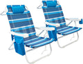 Beach Chair 2 Pack, 5 Positions Textilene Folding Reclining Beach Chair with Backpack Straps, Cooler Bag & Cup Holder for Outdoor Lawn Camping (Blue Stripe)